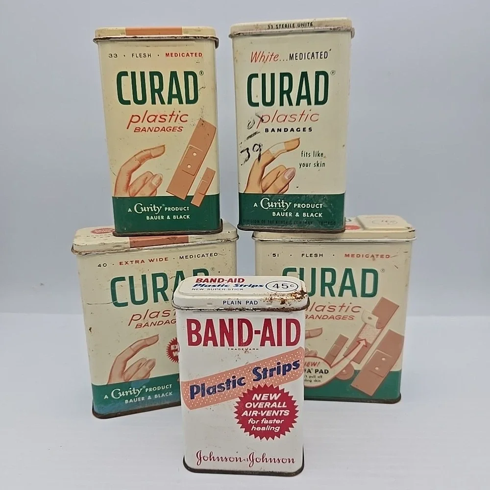 Lot of 5 Vintage Curad Plastic Bandages, Bandaid Tin
